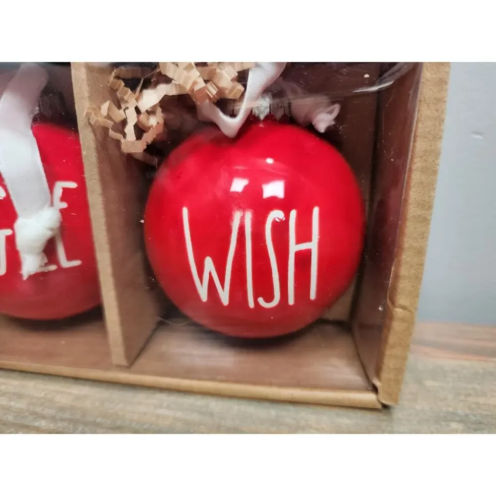 RAE DUNN~RED ORNAMENTS 3 PIECE SET~(JINGLE-SANTA-WISH)